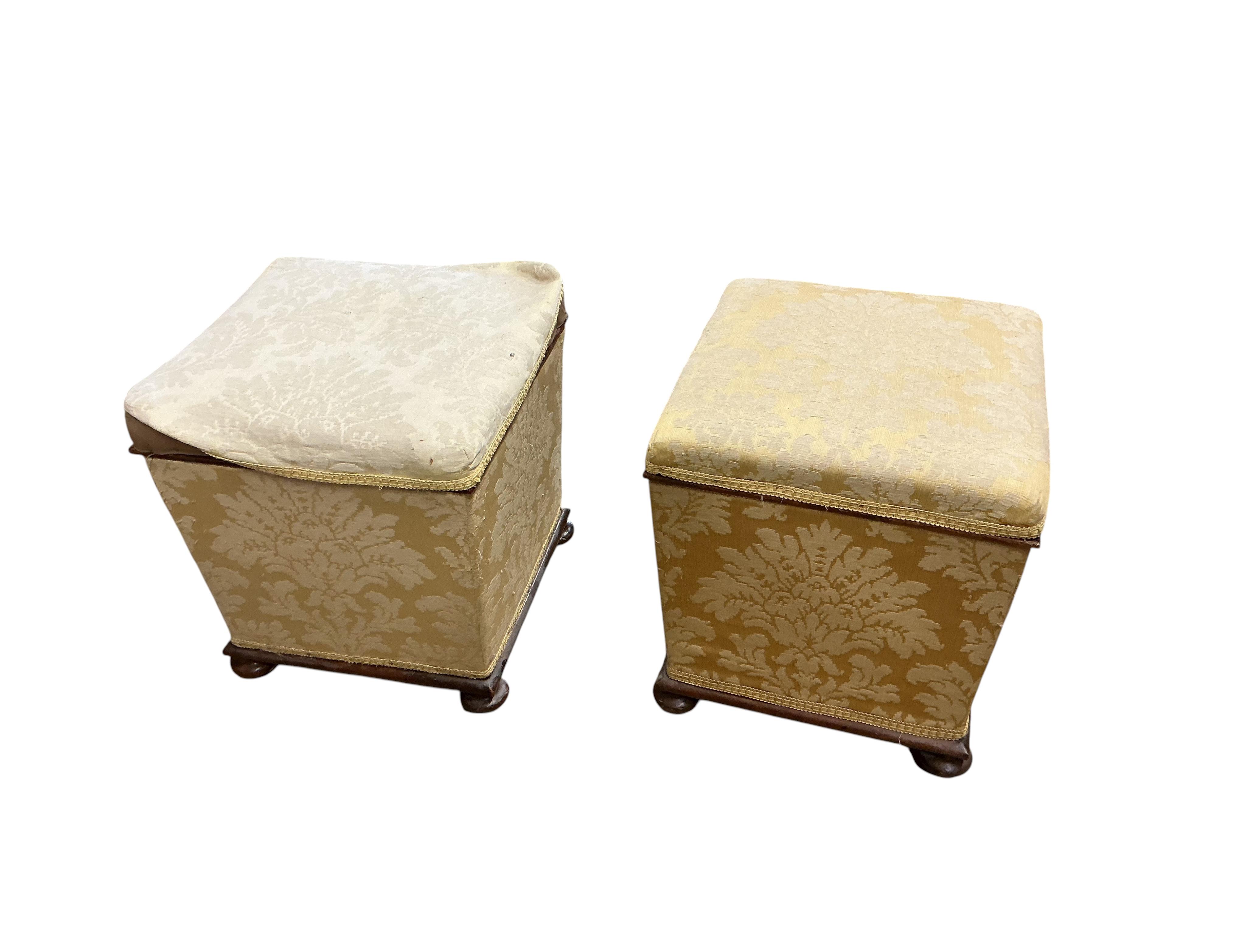 A pair of Victorian square upholstered box seat stools, width 40cm, height 43cm